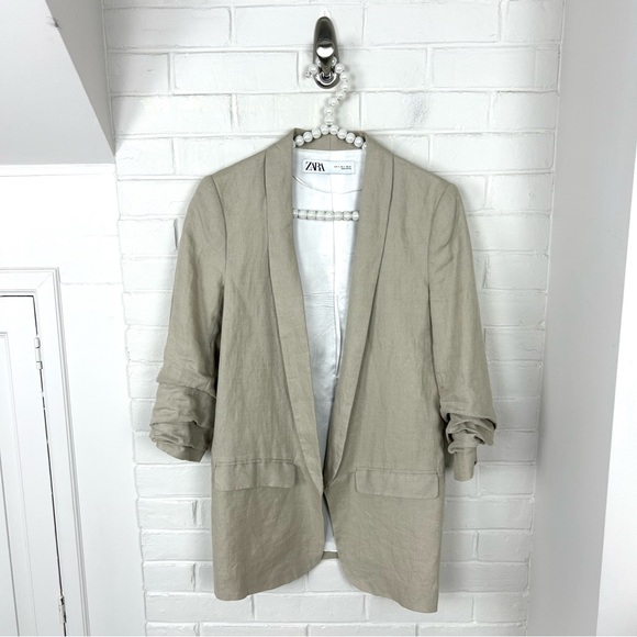 Zara Ruched Sleeve Tan Linen Blend Blazer Size S - Picture 1 of 9